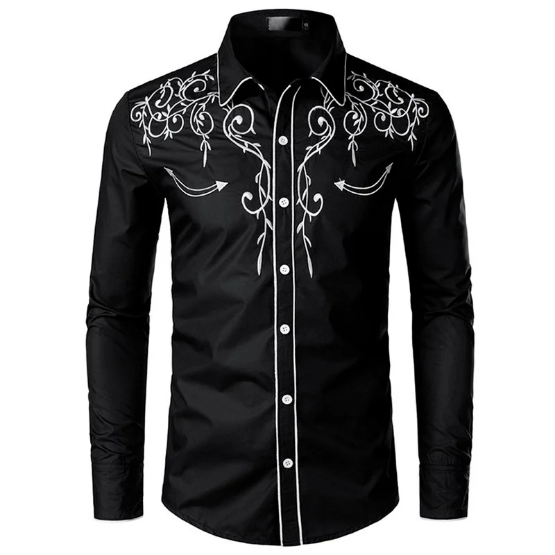 

2021 tylish Western Cowboy Shirt Men Brand Design Embroidery Slim Fit Casual Long Sleeve Shirts Mens Wedding Party Shirt Male