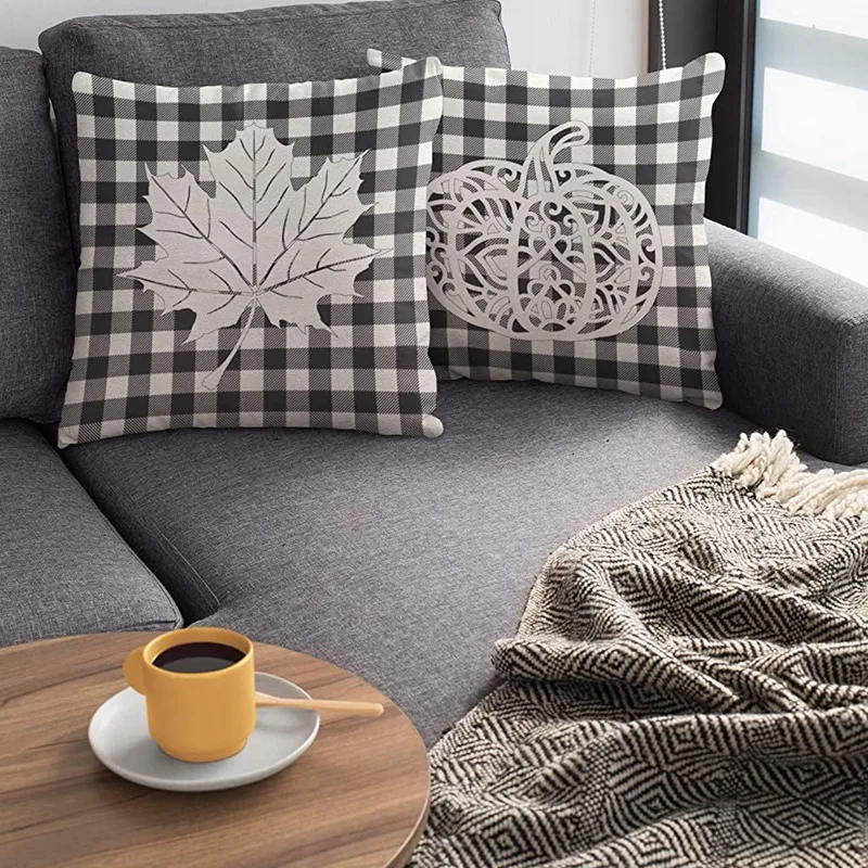 

4 PC Fall Decorative Pillow Covers Buffalo Plaids Farm Fresh Truck Farmhouse Decor Cotton Linen Pillowcase