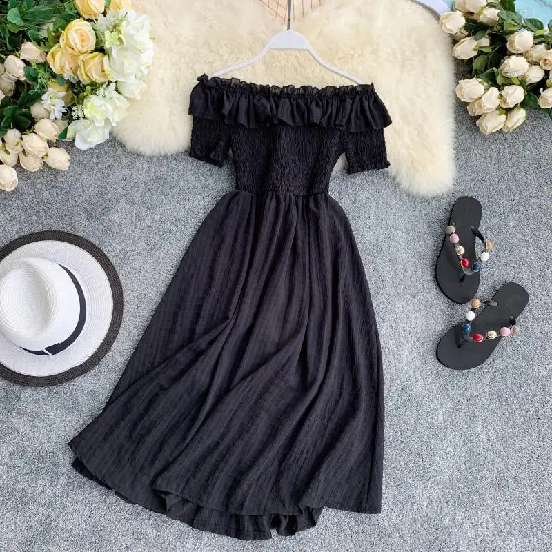 

2020 new ladies dress off-the-shoulder word collar off-the-shoulder short-sleeved pleated waist slimming over-the-knee dress