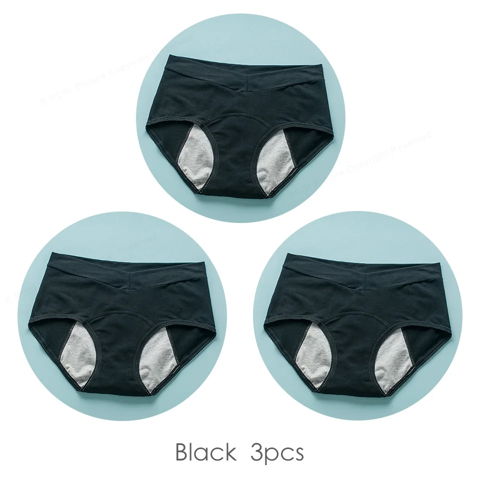 Black 3pcs ROSI женское менструальное нижнее белье хлопок Комфорт высокая талия непроницаемые шорты трусики женские нижнее белье бренд трусы 3 шт - Цвет: Black 3pcs