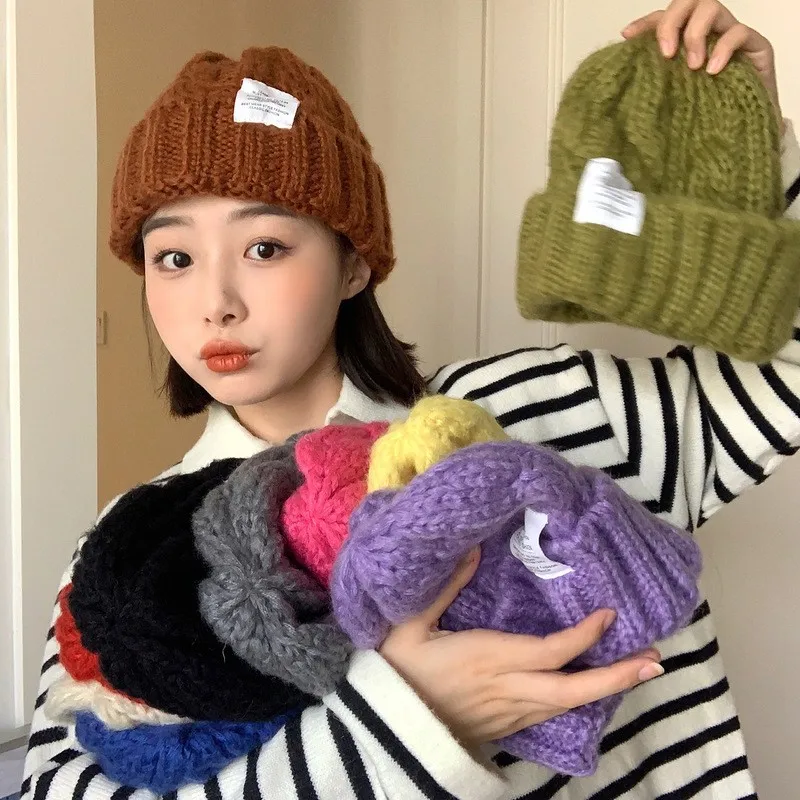 

New popular wool hat in 2022 winter female winter thick thread knitted hat autumn and winter student warm ear protection Baotou