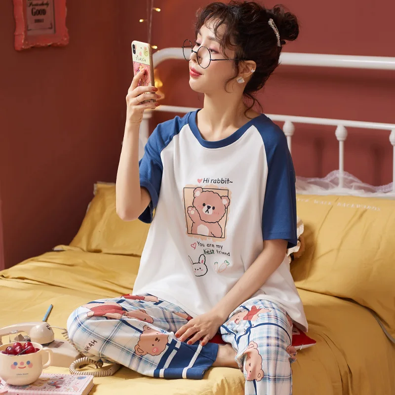 

Cotton Cartoon Kawaii Pajamas Set Short Sleeve Casual Outdoor Clothes Women Nightwear Summer Homewear Plus Size M-4XL Sleepwear