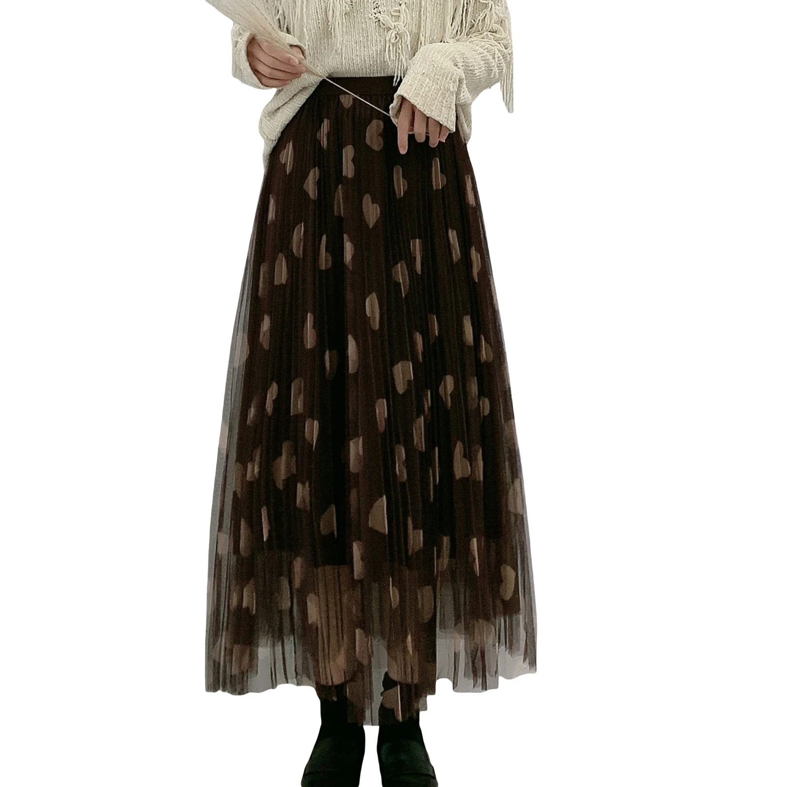 

Летняя женская Милая юбка в Корейском стиле с принтом в виде сердца, модная плиссированная юбка средней длины из сетчатой ткани с высокой та...