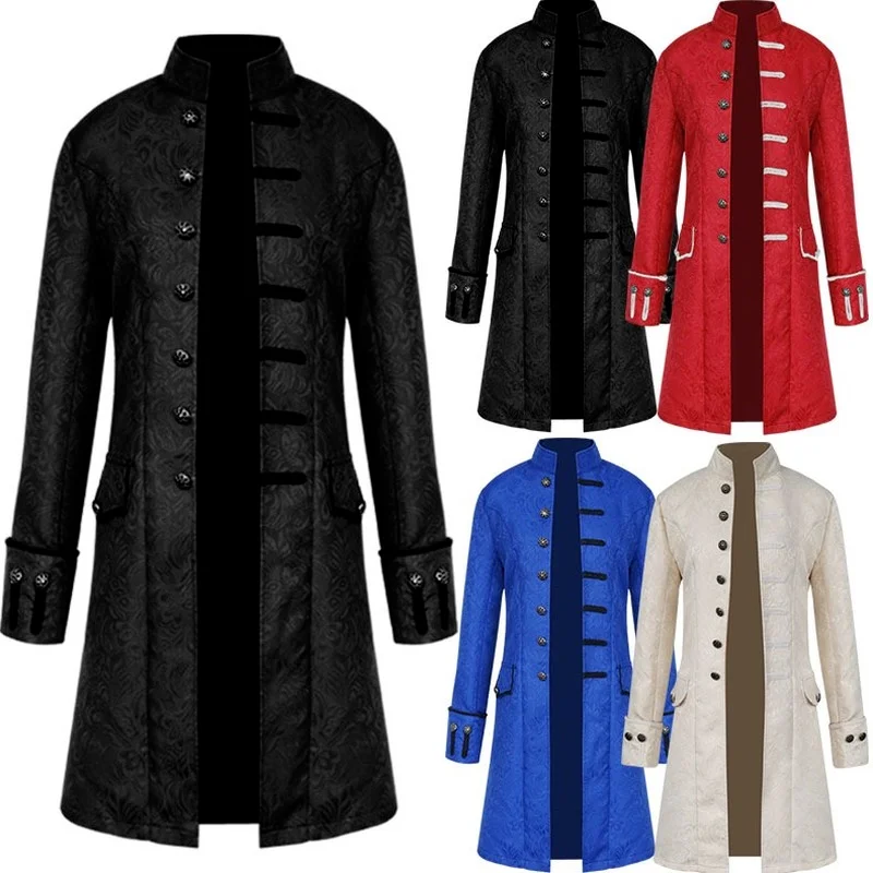 Classic Medieval Men Costume Jacquard Stand Collar Larp Viking Cosplay Jacket Coat Victorian Renaissance Style Clothing S-4XL