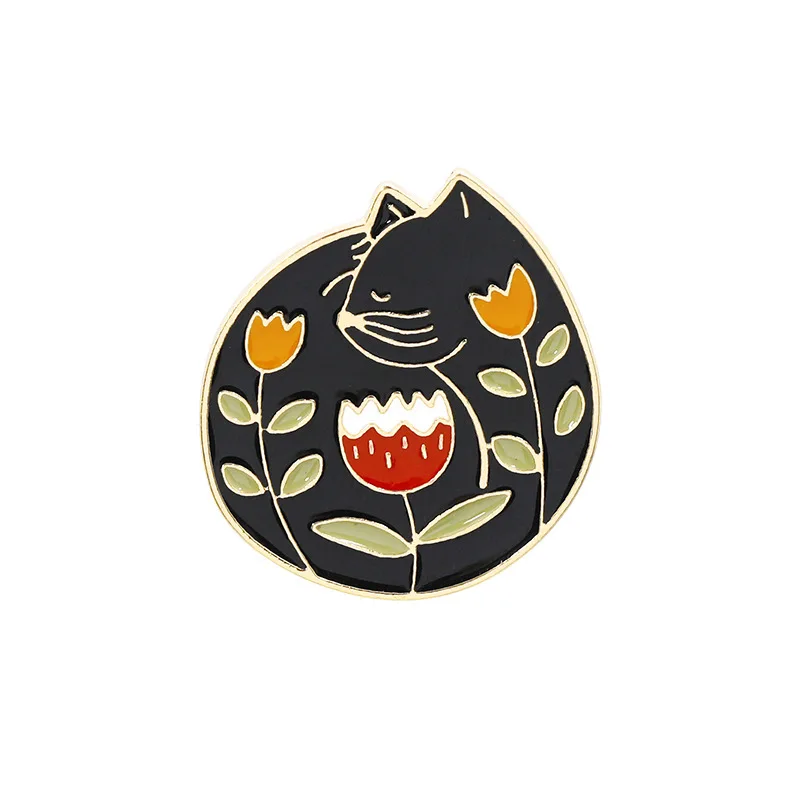 Black ZRM мультфильм Черный Кот белый кот брошь цветок розы котенок булавка животное эмаль значок броши для друзей подарки - Окраска металла: Black