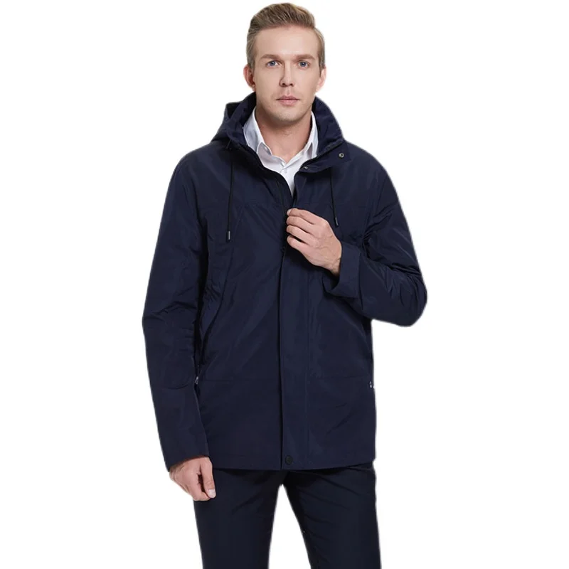 

DHfinery Men Parkas Europe Russia Spring Business Rest Cotton Jacket Black Blue Multi Pocket Long Hooded Coat for 60-100KG T359