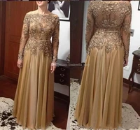 gold plus size mother of the bride dresses 2020 long sleeve bateau lace beaded crystal chiffon long mother wedding guest gowns