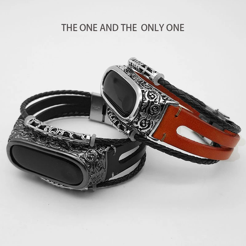 Браслет из натуральной кожи с металлической гравировкой для Xiaomi Mi Band