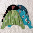 Женский короткий кардиган в стиле ретро, повседневный свободный свитер с V-образным вырезом и пуговицами синего и зеленого цветов в стиле преппи, осень 2021