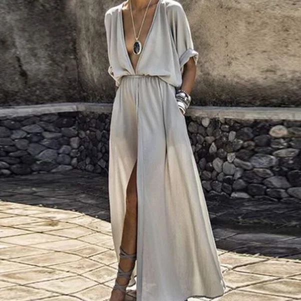 Женское длинное шифоновое платье-туника с рукавом до локтя и глубоким V-образным