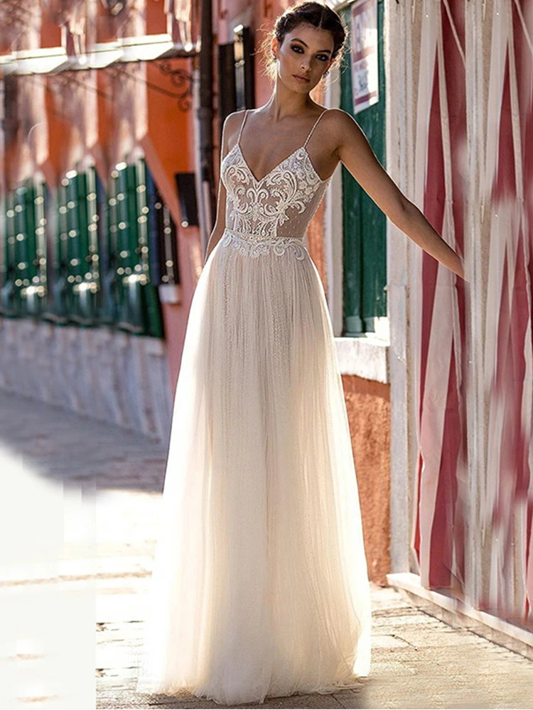 Пляжные свадебные платья LORIE 2020 Boho с кружевной аппликацией мягкие фатиновые