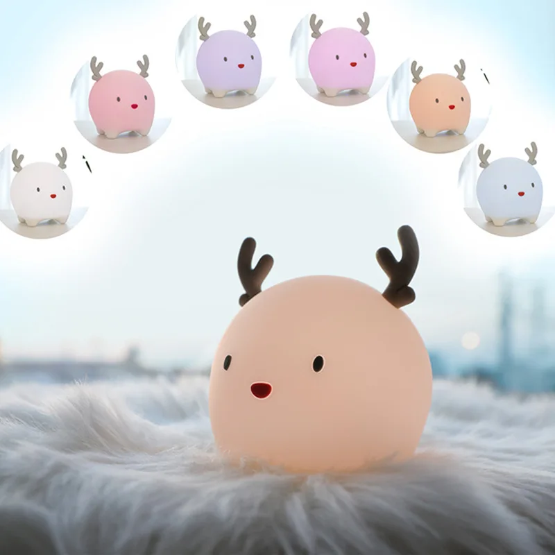 

Cute LED Pet Deer Silicone Night Light USB Charging Pat Table lamp Timing Sleeping Bedroom Bedside Atmosphere Decor Light Gift