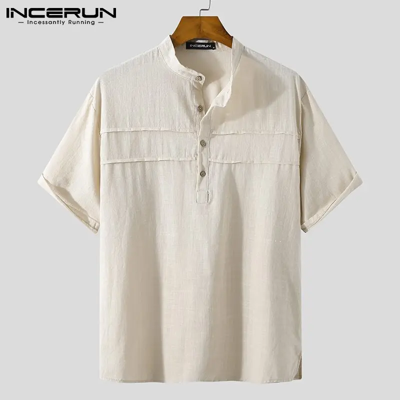 

INCERUN Summer Cotton Shirt Men Stand Collar 2021 Short Sleeve Solid Color Casual Men Clothing Streetwear Vintage Leisure Camisa