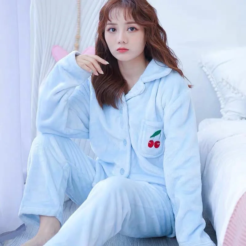 

Autumn Winter Thick Warm Flannel Pajamas Sets For Women Coral Velvet Long Sleeve Sleepwear Nightgown Girl Pyjama Set