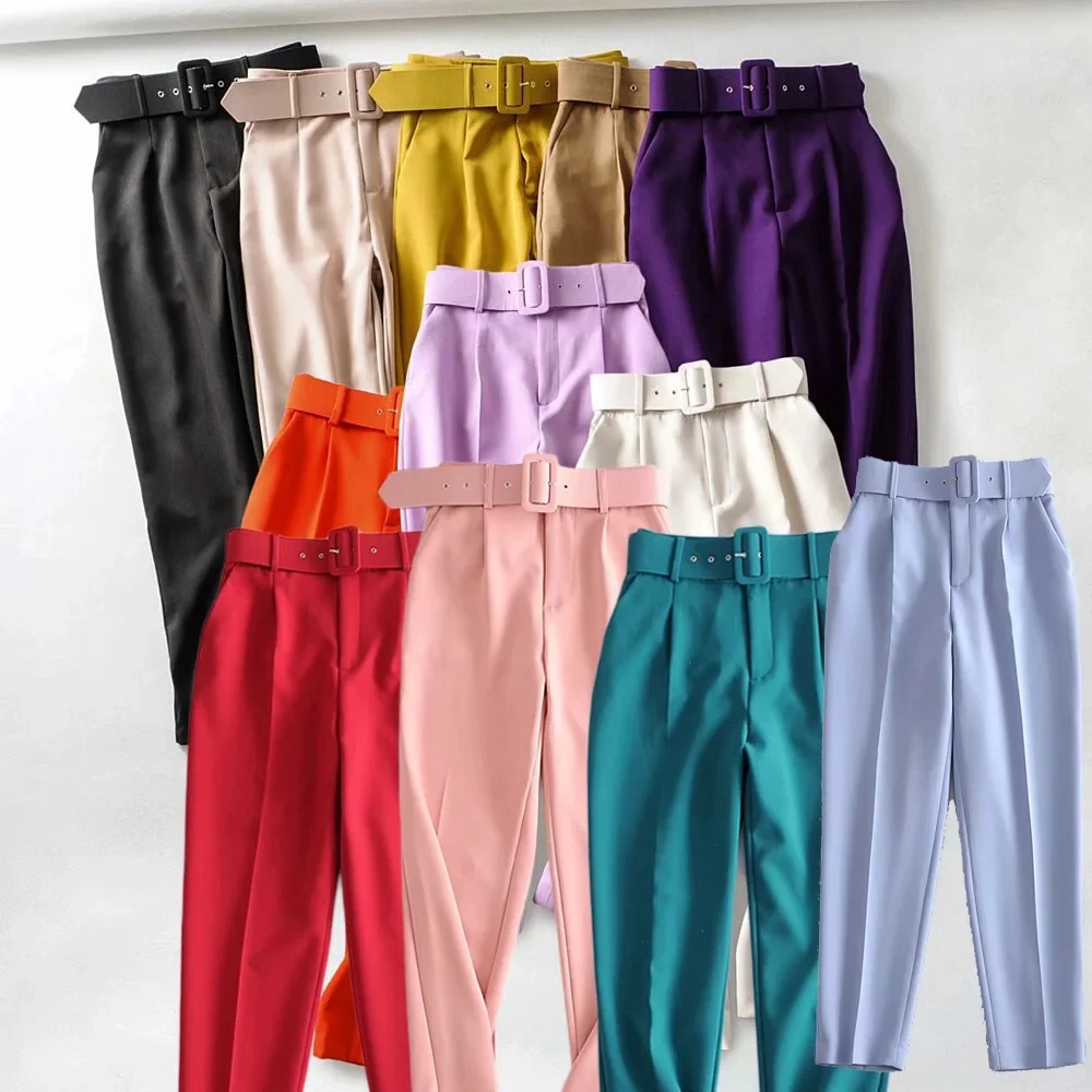 

Factory Sell Womens purple Office Pant Trousers High Waist straight Suit Pants Belt Female zora solid Pocket Pant Streetwear