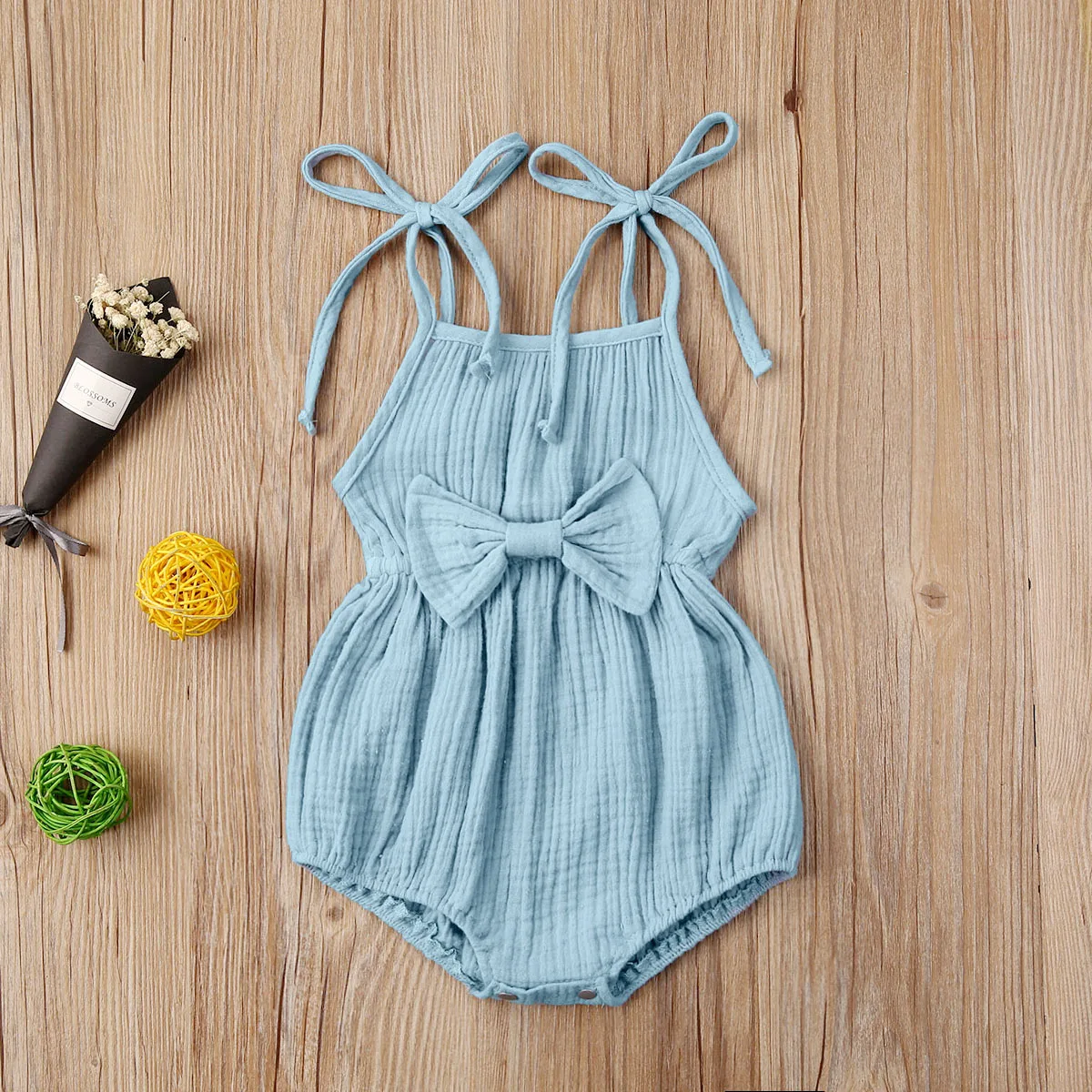 Ropa de verano para beb&eacute; reci&eacute;n nacido, Pelele de Srap, mono de lino de algod&oacute;n s&oacute;lido, conjunto de trajes con lazo, suave-4