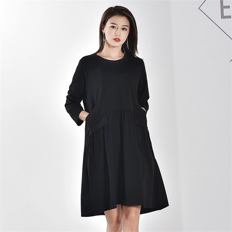 

IEQJ Pleated Dress Womens Black Office Lady Loose Oversized Three Quarter Sleeve Round Collar 2021 New Spring Fashion Tide XA214