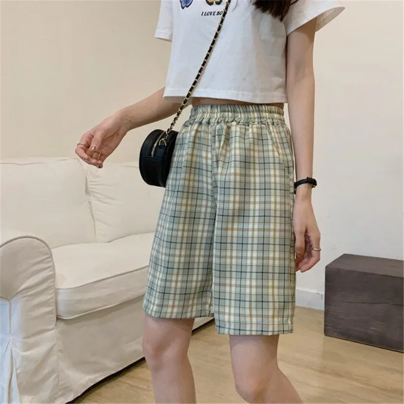 

Harajuku Baggy Summer Shorts Women High Waist Loose Plaid Shorts Summer Casual Elastic Waist Pockets Vintage Female Shorts