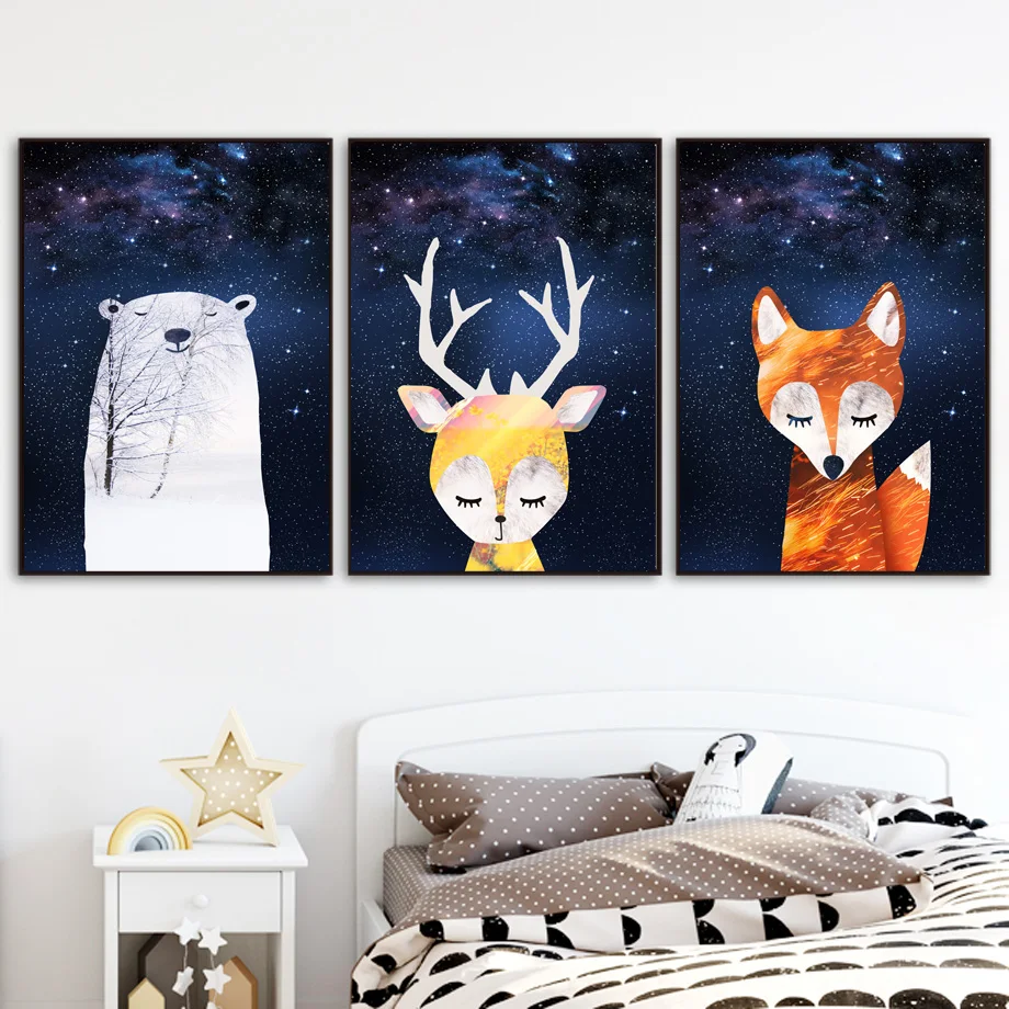 

Cartoon Bear Deer Fox Rabbit Star Wall Art Canvas Painting Nordic Posters And Prints Wall Pictures Baby Girl Boy Room Home Decor