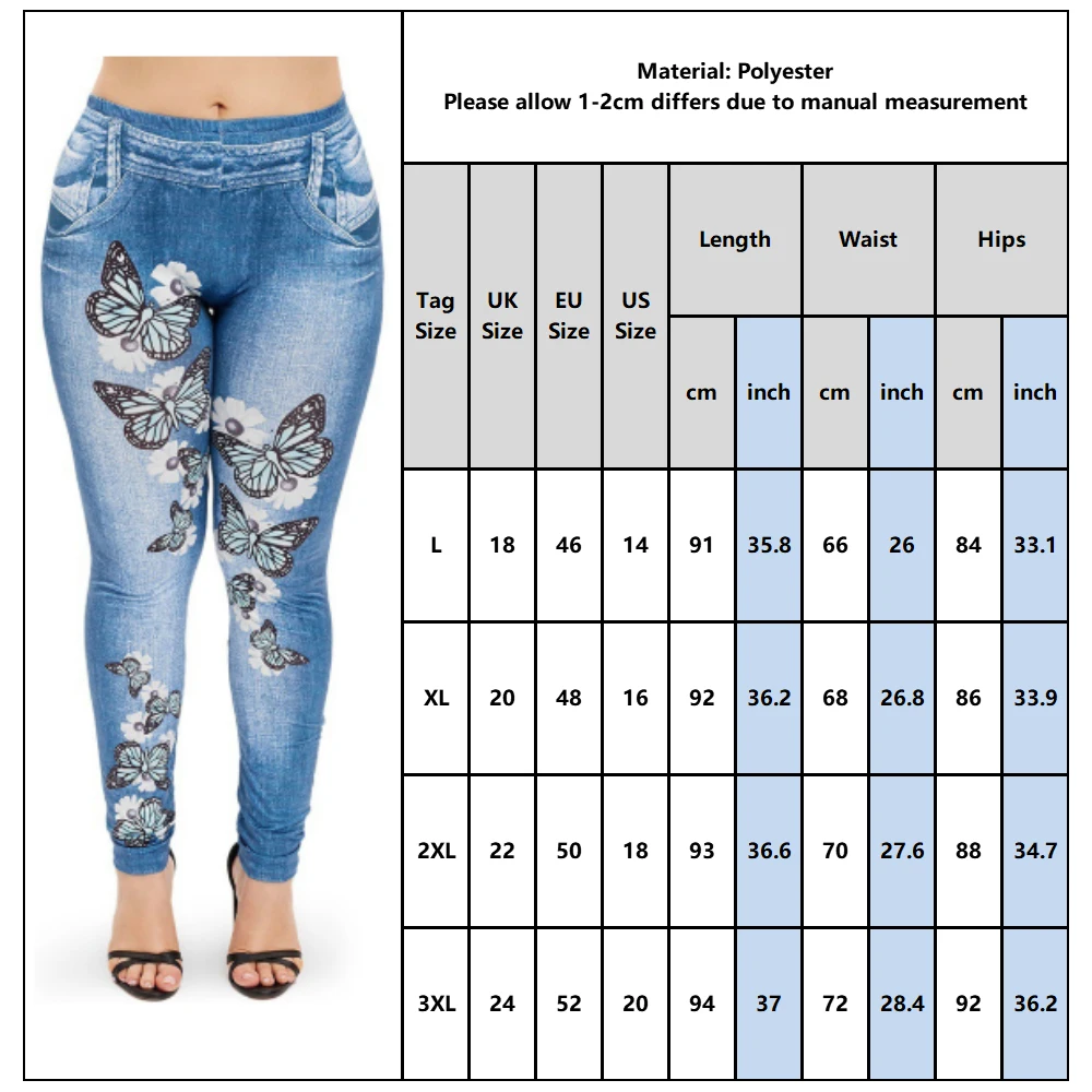 

Butterfly Printed Ladies Fake Jeans Plus Size Women Fake Jeans Denim Pants New Floral Denim Trousers Large Size Female Pants D25