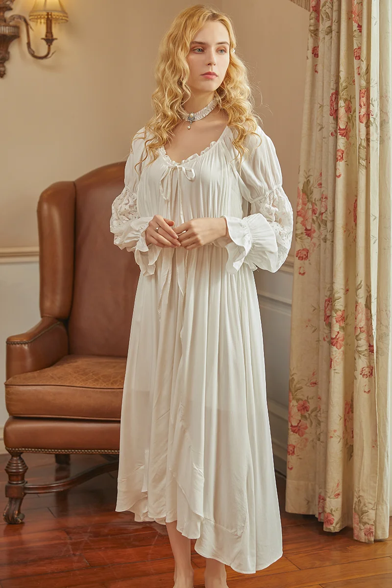 

Embroidery patchwork Long Cotton Nightgown dress suits Retro Elegant Robes suits loose soft female nightdress Lace Lingerie