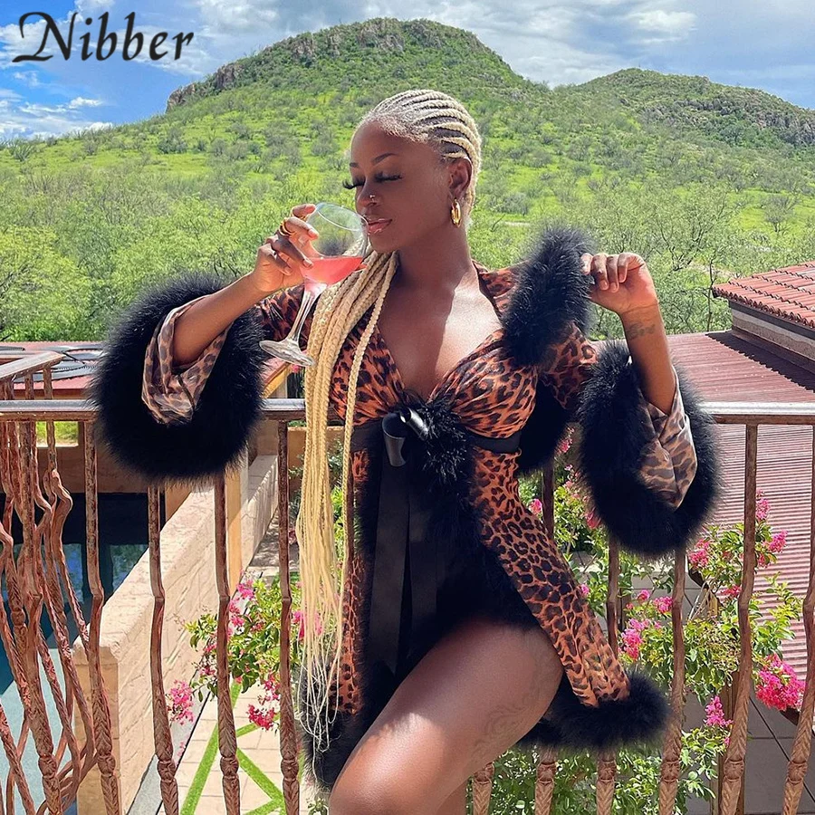 

Nibber Vintage Y2K Autumn Leopard Print Patchwork Burr Coat Dress for Women Fashion Long Sleeves Slim Midnight Streetwear