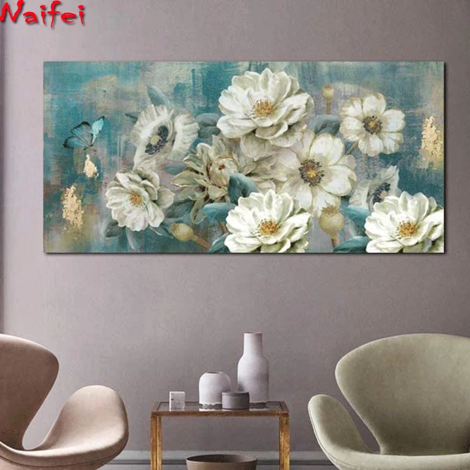 

5d Diamond Painting Colored Turquoise Flowers Diamond Embroidery Cross Stitch White Flower Pictures Of Rhinestones Mosaic Decor