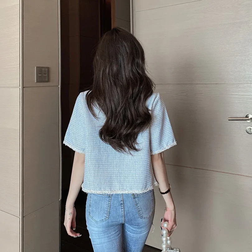 

2021 summer women Single-breasted Short Coat Short Sleeve Top Casual tweed Jackets Coat