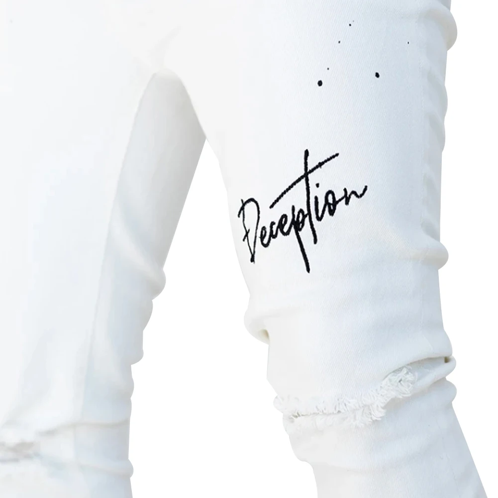

Hirigin Men Pencil Jeans Drawstring Hole Ripped Slim Pants Letter Paint Dot 2020 New Fashion Zipper Hip Hop Jeans Streetwear