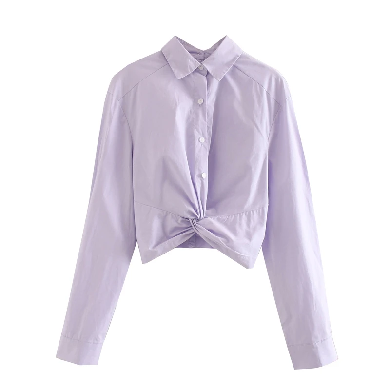 

Casual Spring Long Sleeve Cotton Tops Women Turn Down Collar Solid Collar Crop Tops Lady Knot Blouse
