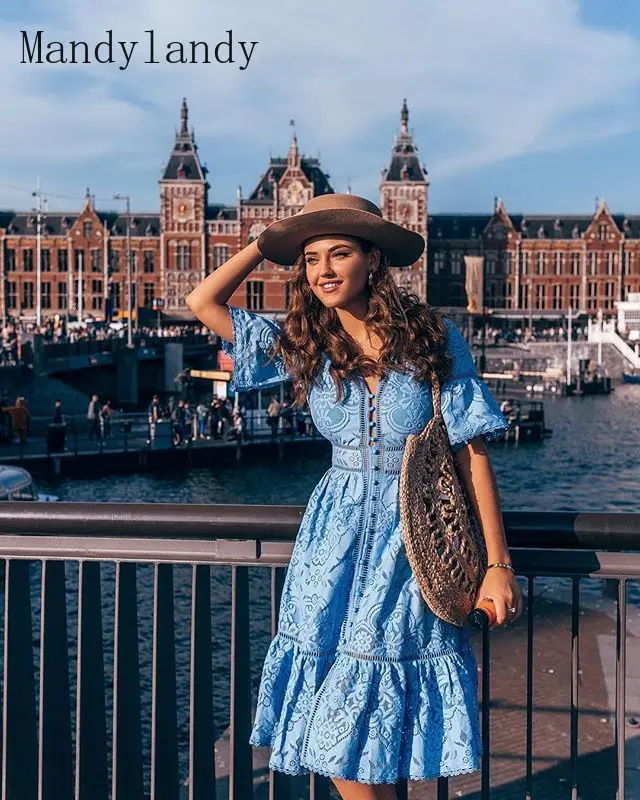 

Mandylandy Summer Fashion Printed Slim Dress Women's Casual Short Sleeve Single-Breasted Lace Hollow Out V-neck High Waist Dress