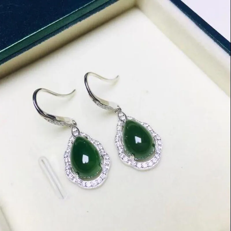 Женские серьги подвески из серебра 925 пробы с зеленым нефритом|Серьги-подвески| |
