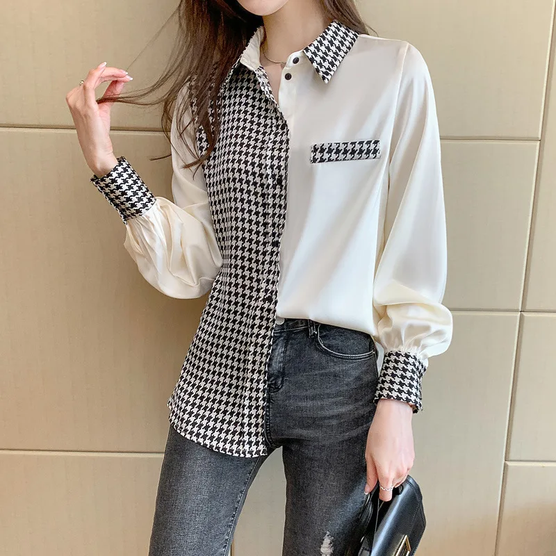Women Blouses 2021 New Chiffon Printed Swallow Gird Plaid Shirts Ladys Spring Autumn Clothes Female Spliced Houndstooth Clothing