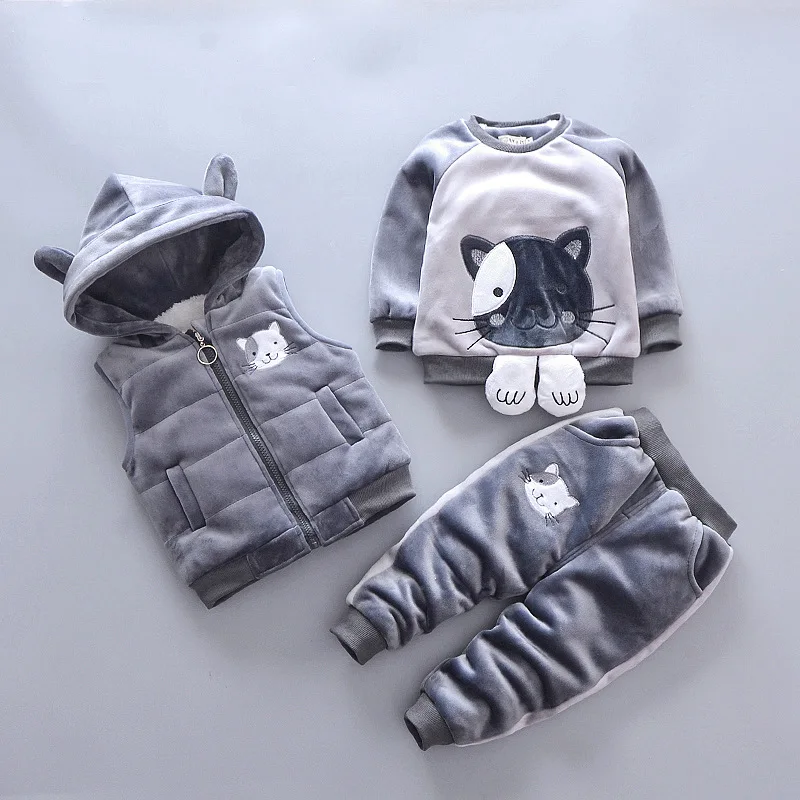 gray cat Лидер продаж года, комплект зимней одежды из 3 предметов для маленьких детей, утепленная одежда на Хлопчатобумажной Подкладке для новорожденных мальчиков и девочек, От 0 до 3 лет жилет с капюшоном, пальто, топы, штаны - Цвет: gray cat