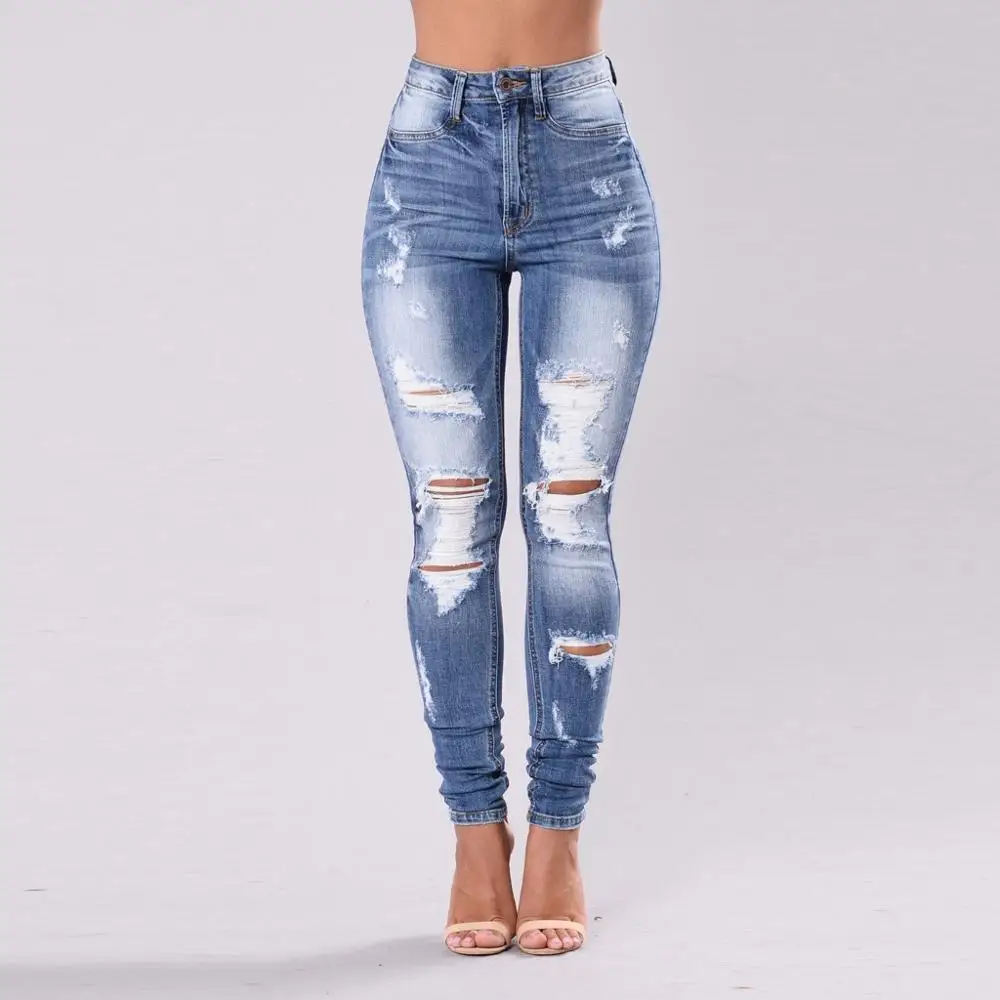 

Womens Stretch Skinny Ripped Hole Washed Denim Jeans Female Slim Jeggings High Waist Pencil Pants Trousers