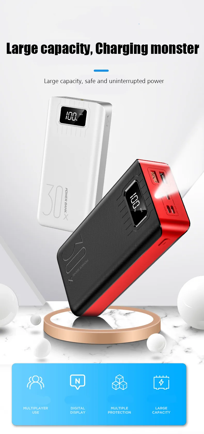18650 Внешний аккумулятор 30000 мАч Внешний аккумулятор 2 USB QC Быстрая Зарядка Внешний аккумулятор светодиодный дисплей портативное зарядное устройство для телефона для Xiaomi
