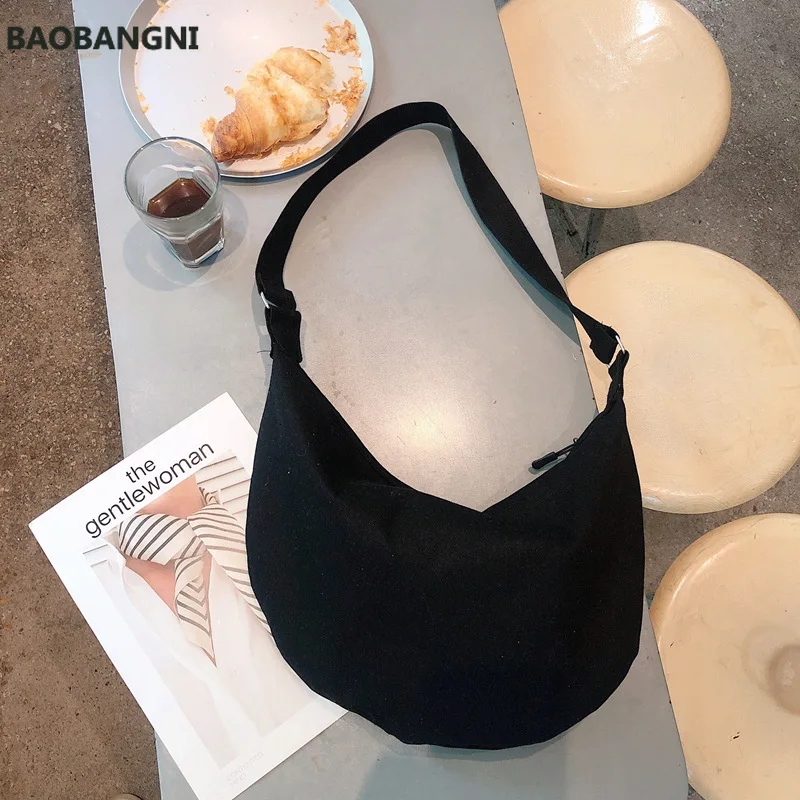 

Women Canvas Messenger Bag Large Capacity Shoulder Bag Simple Zipper Semicircle Shape Cloth Purses Ladies Cotton Crossbody Bags