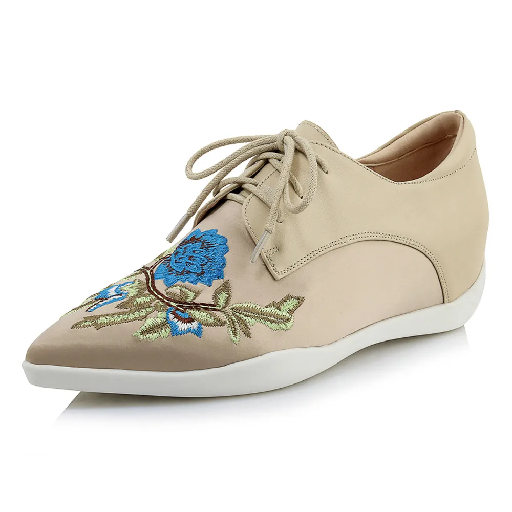 

COOLULU Women Shoes High Heels Natural Genuine Leather Wedge Heels Shoes Real Leather Flower Pointed Toe Pumps Lady Spring 34-40