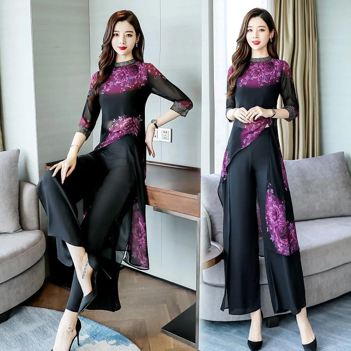 Женский шифоновый костюм из двух предметов винтажная блузка с цветочным принтом