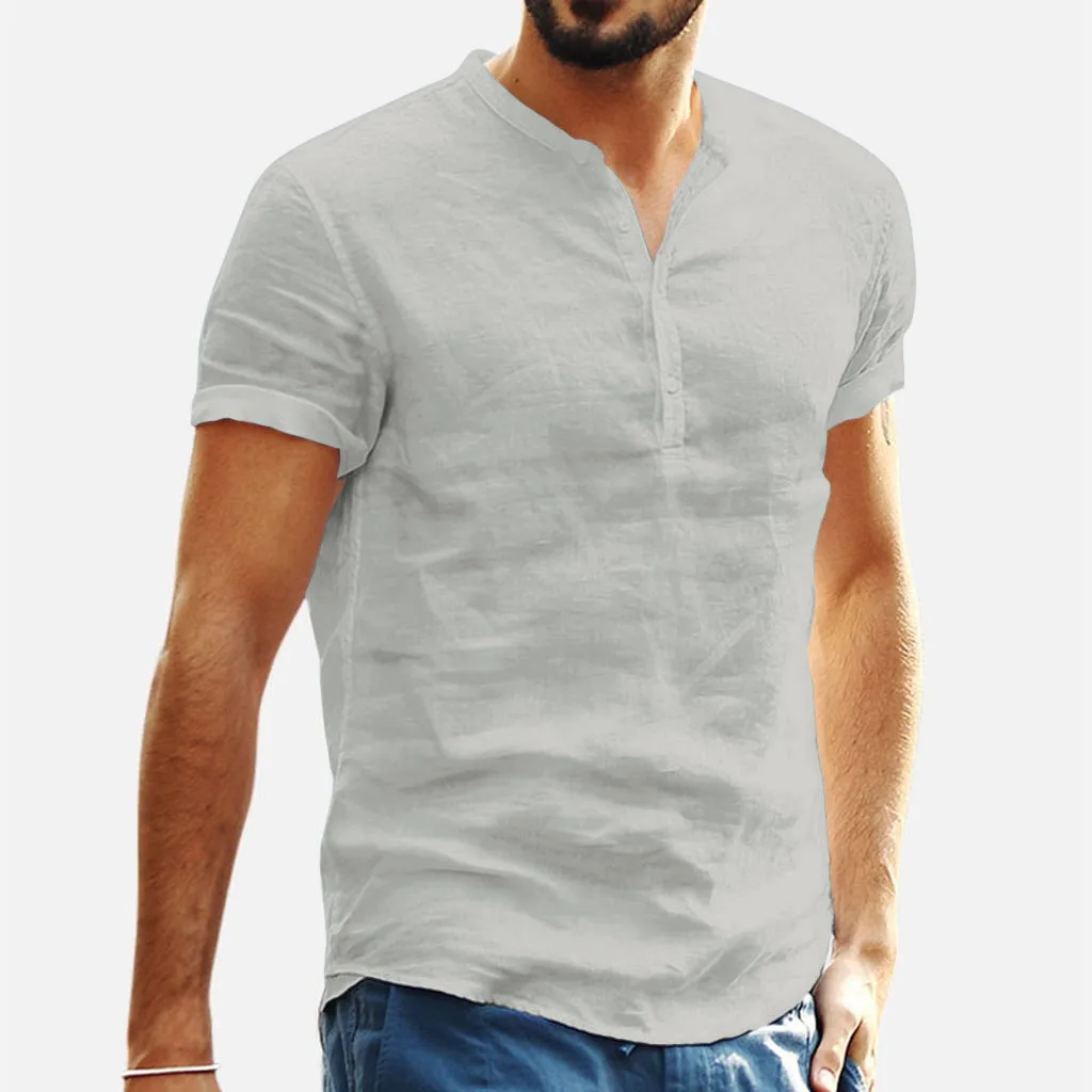 

Retro V-neck Men Shirt Fashion Male Baggy Cotton Blend Solid Color Short Sleeve Casual T Shirts Tops Slim Stand-up Collar Shirt