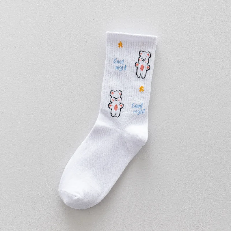 Женские хлопковые носки на весну и осень модные с мишками средней посадки белые