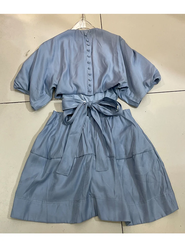 

Retro solid color round neck puff sleeve sexy lace hollow waist waist dress ladies summer new style loose big hem puff skirt