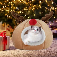 christmas pet nest warm plush elk shaped pet cat puppy house kitten bed mats tree hole shaped cat dog sleeping nest wcorners