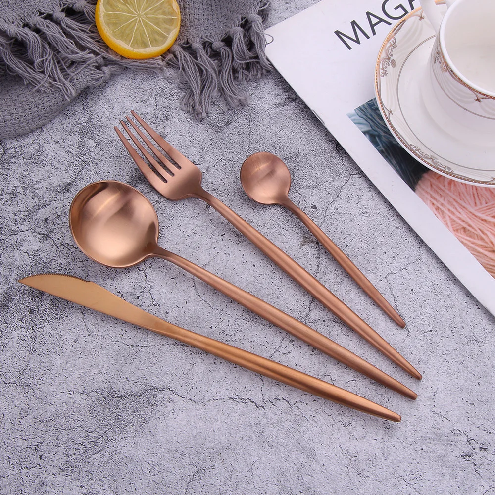 5Pcs/Lot Rose Gold Stainless Steel Cutlery Set Dessert Spoon Flatware Fork Knife Western Tableware Dinnerware | Дом и сад