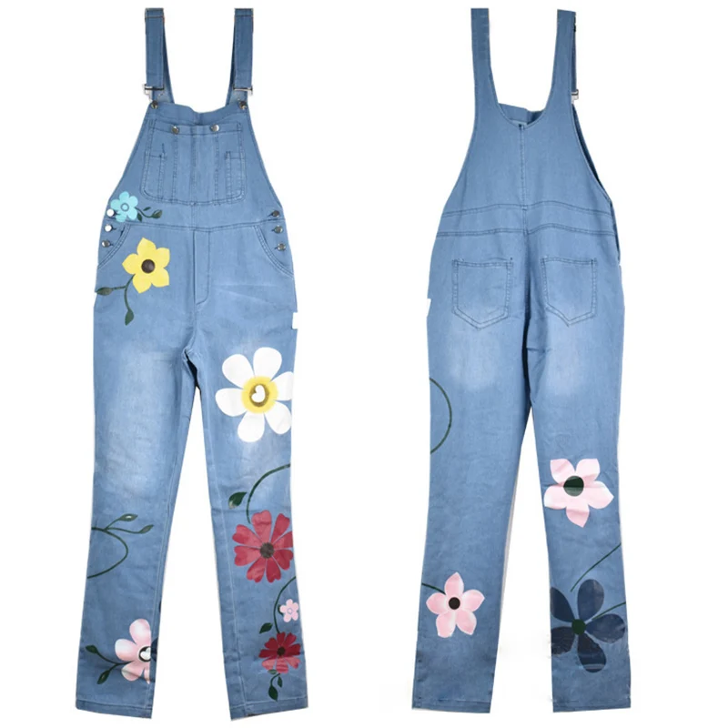 

2020 New Women Printed Washed Denim Jumpsuit Female Casual Pocket Plus Size Jeans Vintage Gray Blue Denim Pants For Girls XA92F
