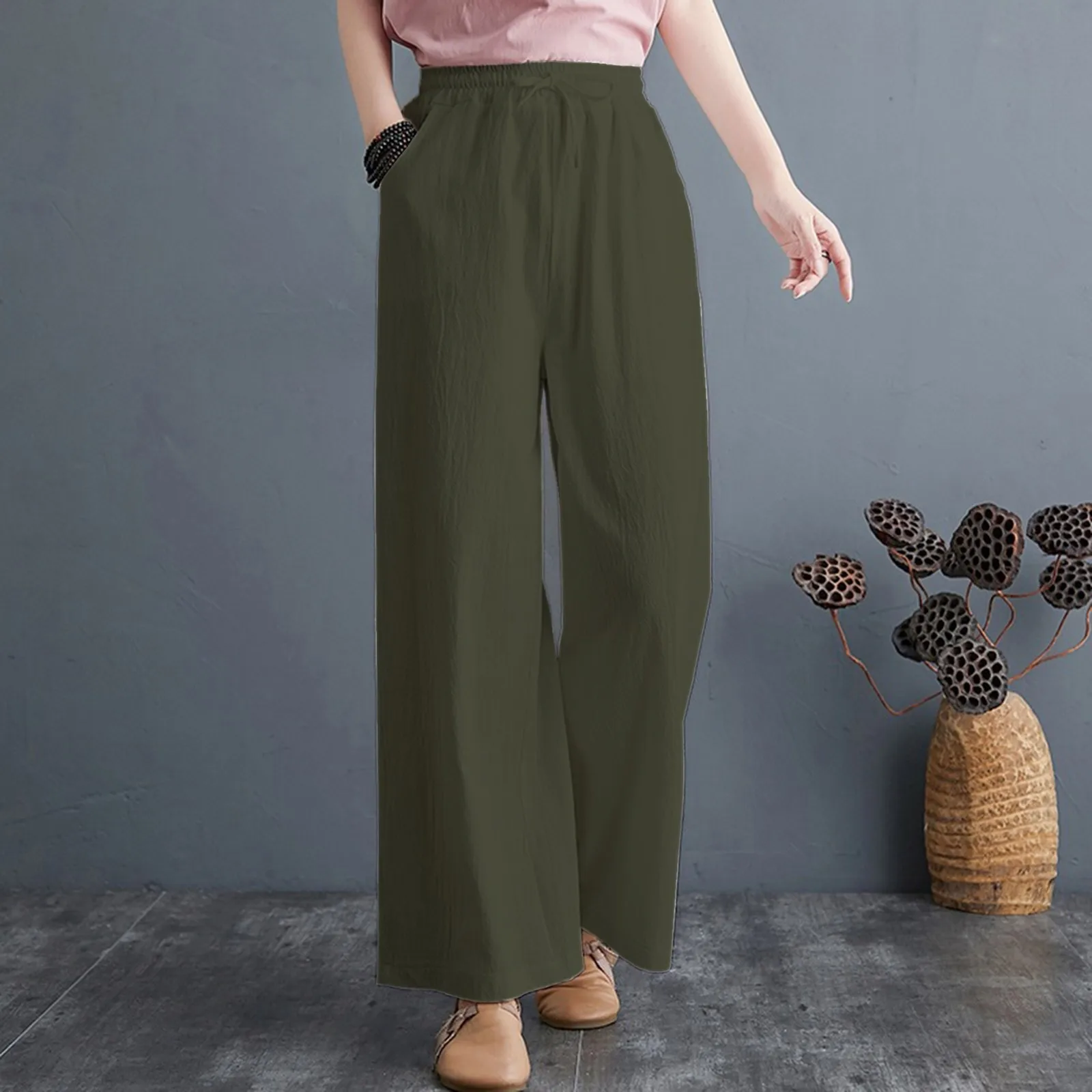 

40# Drawstring Cotton Loose Pants Leggings With Pockets Women Casual Loose Solid Pants For Women Wide Leg High Elastic Pants