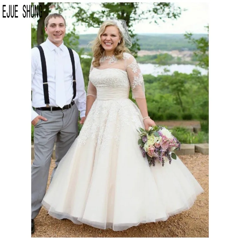 

E JUE SHUNG Plus Size Wedding Dresses Half Sleeves Wedding Gowns Lace Appliques Lace up Back Back vestidos de noiva