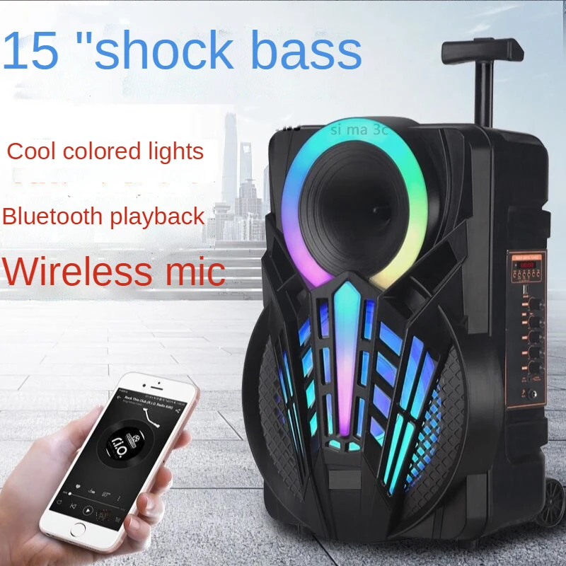 15 inch high power trolley speaker karaoke subwoofer portable bass speaker with wireless microphone LED outdoor Tws party speake