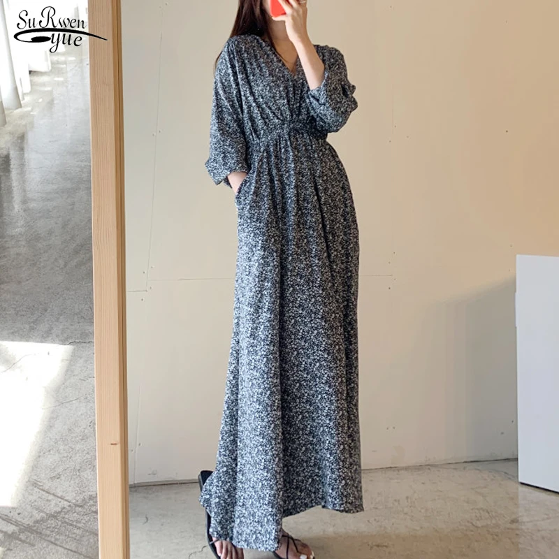 

2021 Autumn Women Dresses Midi Long Dress Korean Chic V-neck Double Pocket Puff Long Sleeve Floral Dress Vestido Feminino 15234