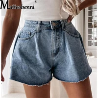 2021 new summer fashion ruffle hem shorts blue denim jeans washed pockets zippers shorts female shorts skirts high waist bottoms